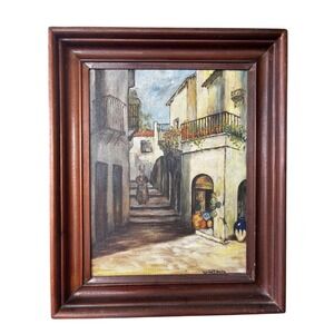 Louis F. Goetz Oil Painting 15x18.5 Brown Antique Spanish Street Scene 1920s